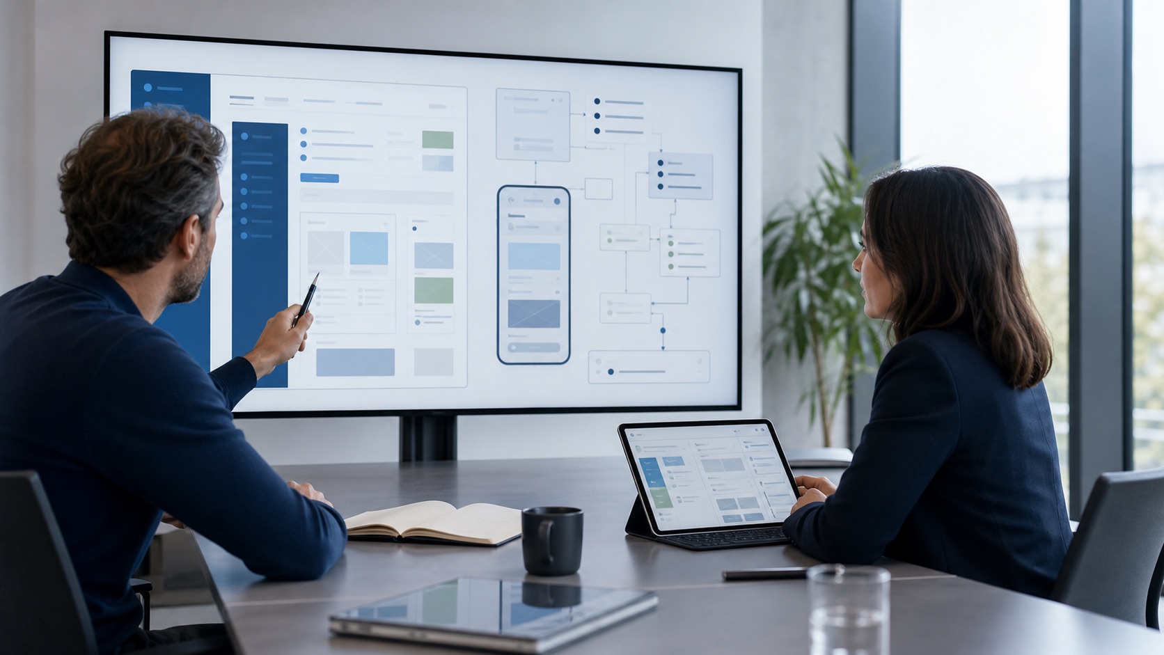 Workshop-Situation mit erstem Softwareentwurf auf einem großen Bildschirm