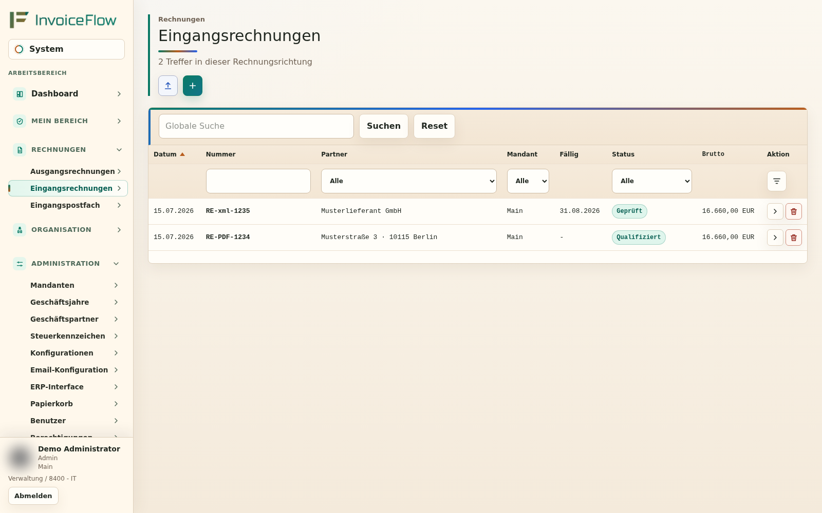 Liste der Eingangsrechnungen mit Suche, Status und Importaktion