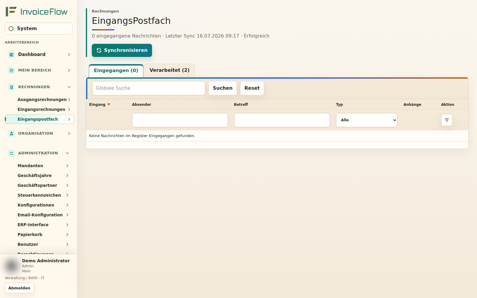 Eingangspostfach mit Synchronisation und Verarbeitungsstatus