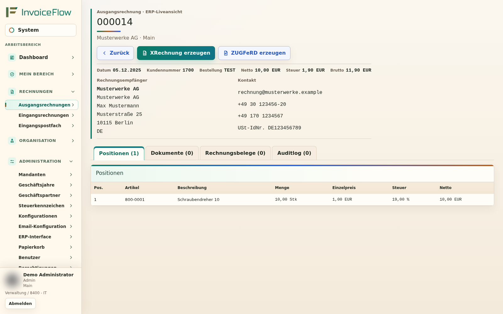 ERP-Ausgangsrechnung mit Aktionen zur Erzeugung von XRechnung und ZUGFeRD